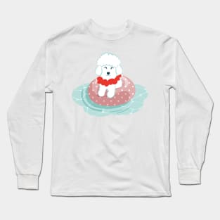 Summer pool pawty // aqua background poodle dog breed in vacation playing on swimming pool Long Sleeve T-Shirt